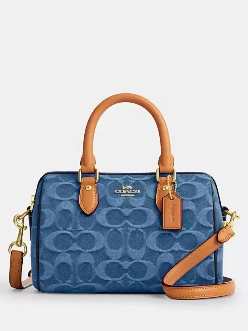 Coach Blue Signature Denim Crossbody Satchel with Tan Leather Trim NWT